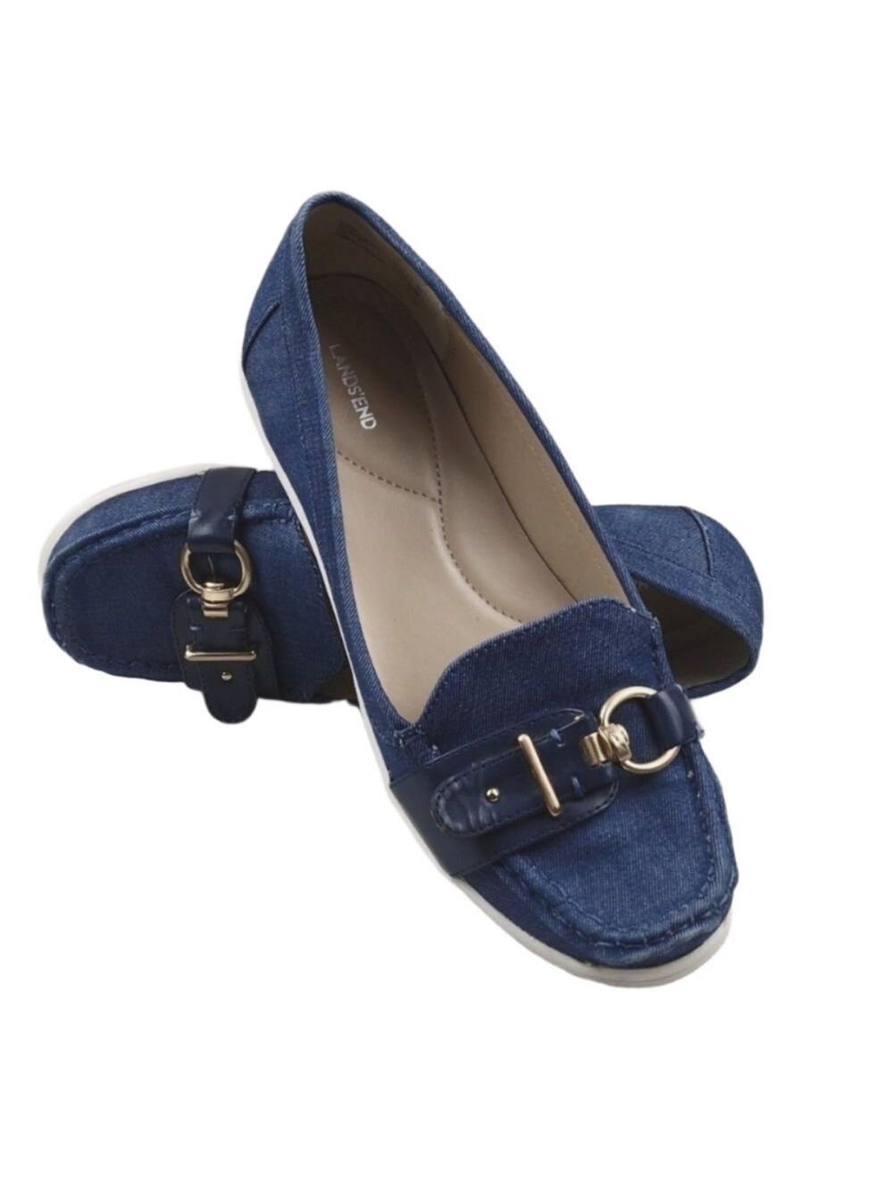 Lands' End Blue Denim Fabric Upper Square Toe Slip On Flat Casual Loafer Shoe